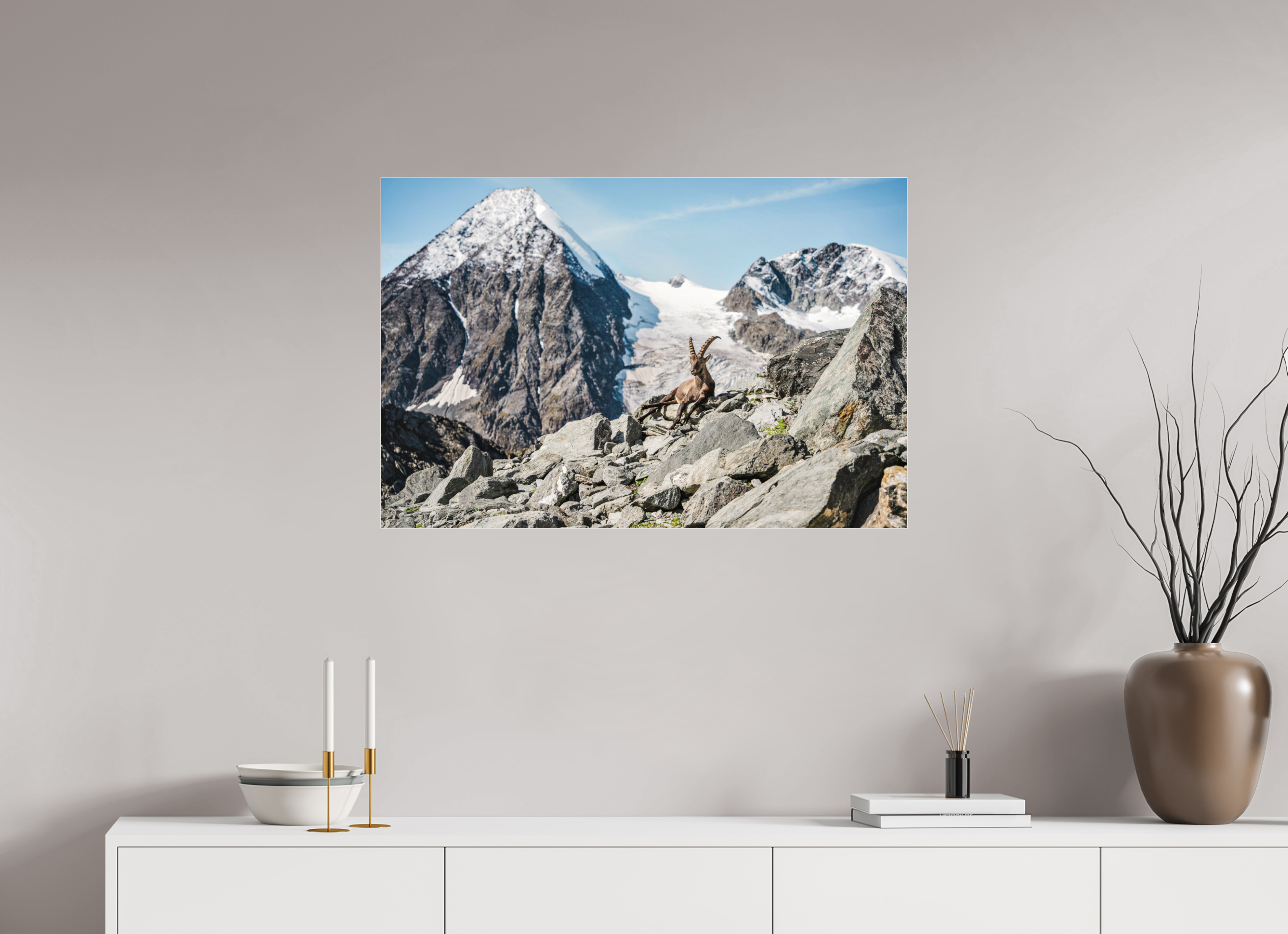 90 x 60 cm, Photos Plexi Alpine Ibex in Verbier with Grand Combin Glacier – Fine Art Wildlife Photography Print