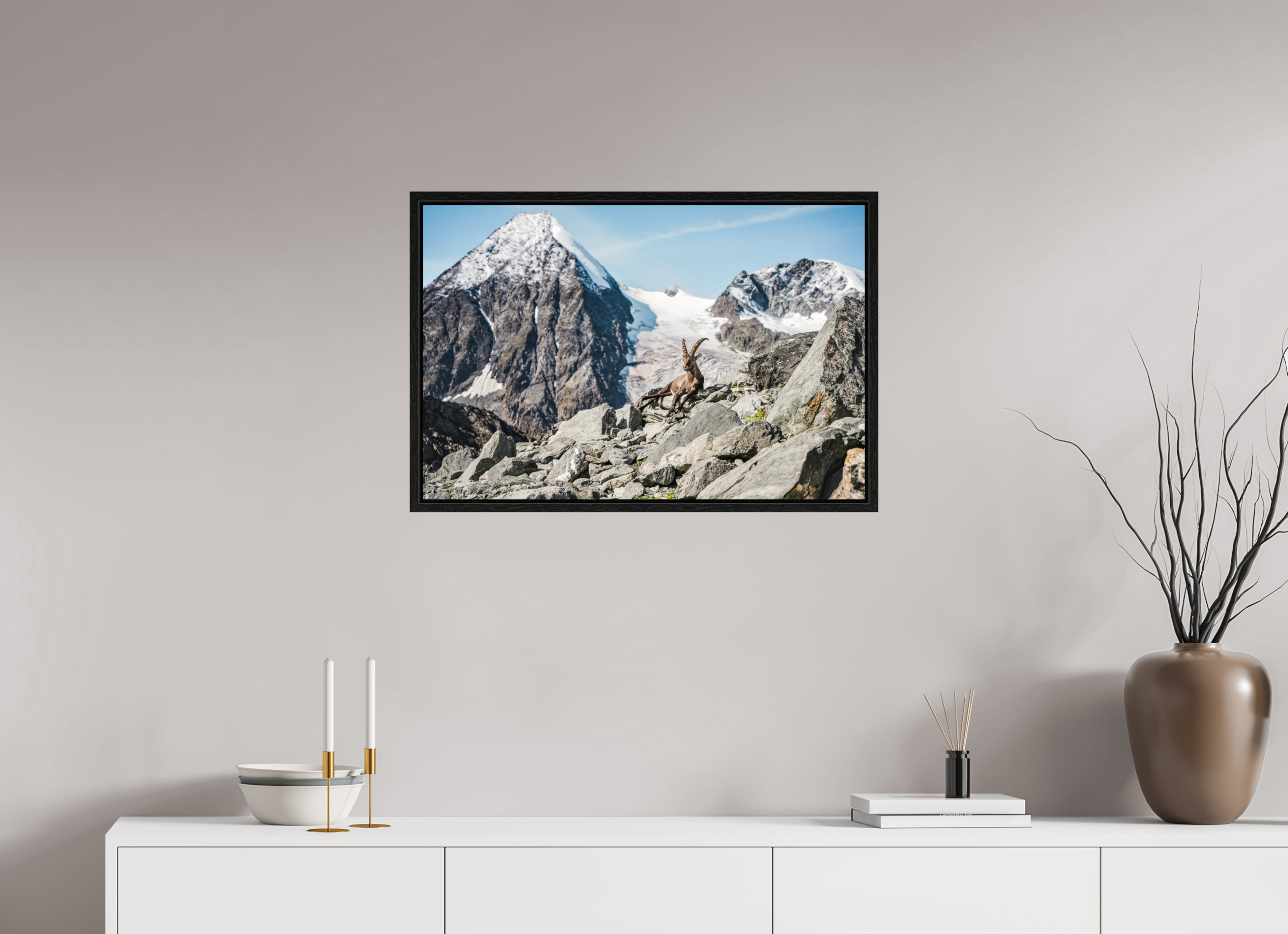 75 x 50 cm, Floater Frame Alpine Ibex in Verbier with Grand Combin Glacier – Fine Art Wildlife Photography Print