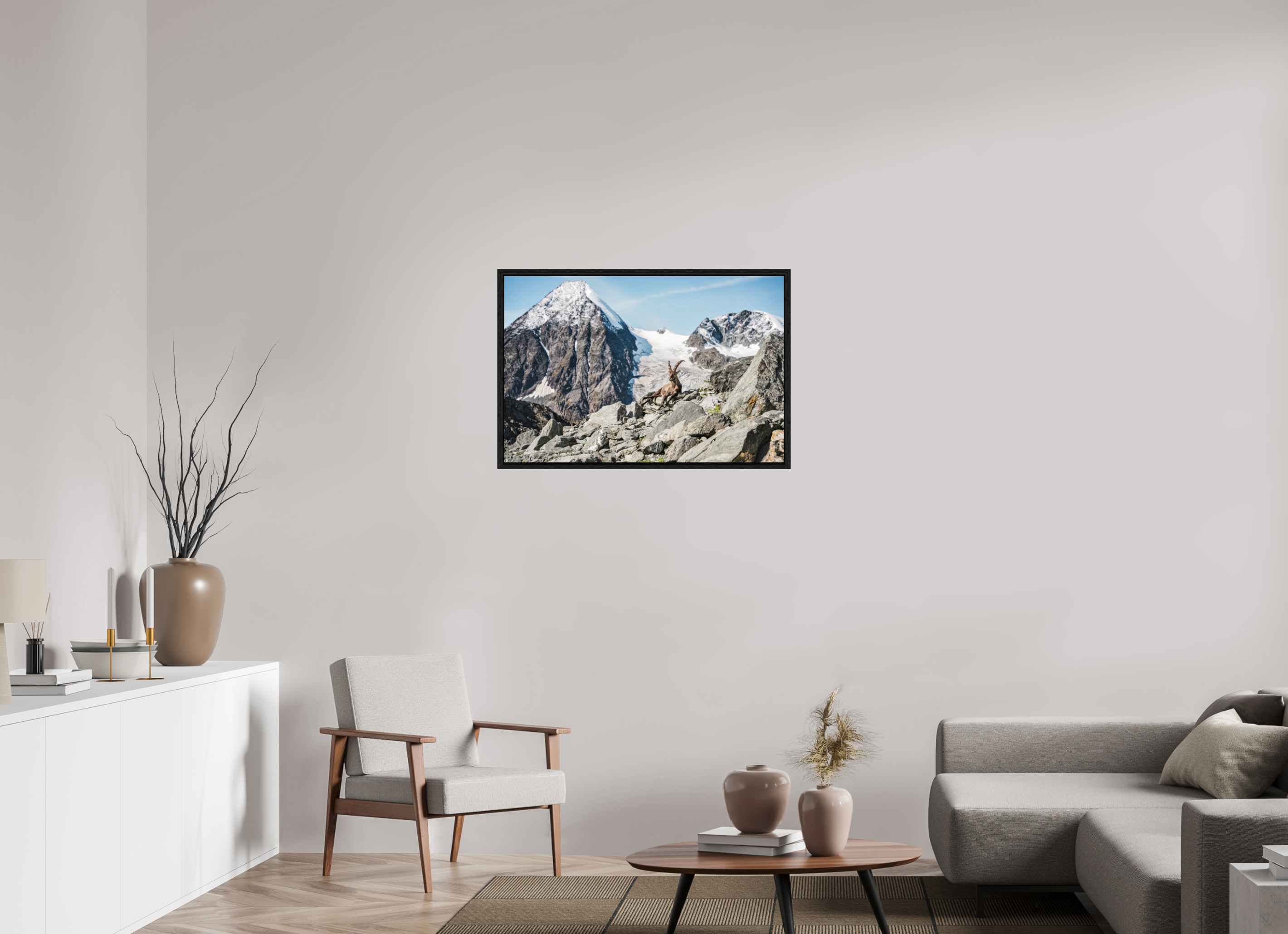 90 x 60 cm, Floater Frame Alpine Ibex in Verbier with Grand Combin Glacier – Fine Art Wildlife Photography Print