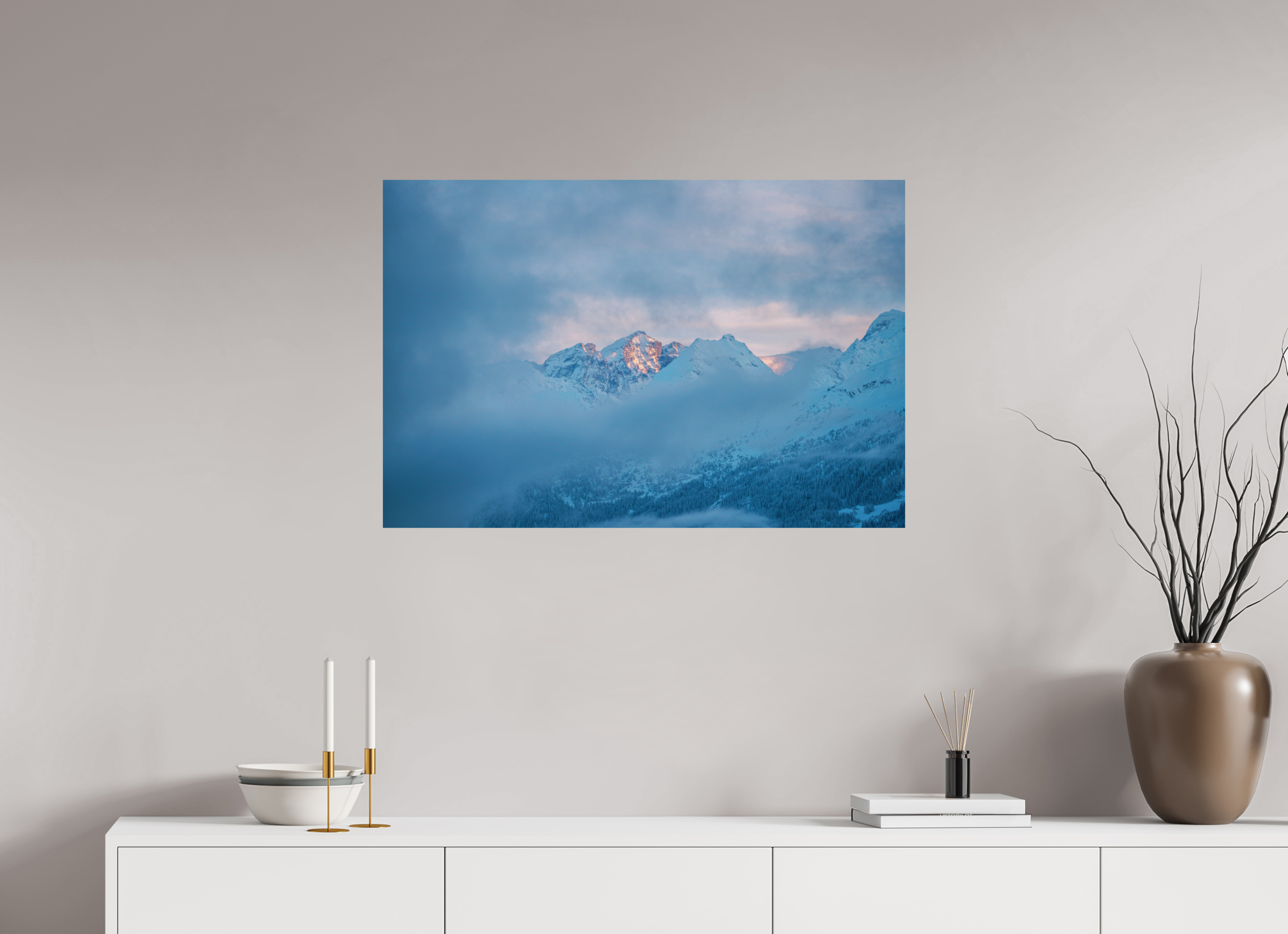 90 x 60 cm, Photo Print On Fuji Crystal DP II Purple Blue Sunset Over Misty Mountains – Fine Art Landscape Photography Print from Verbier