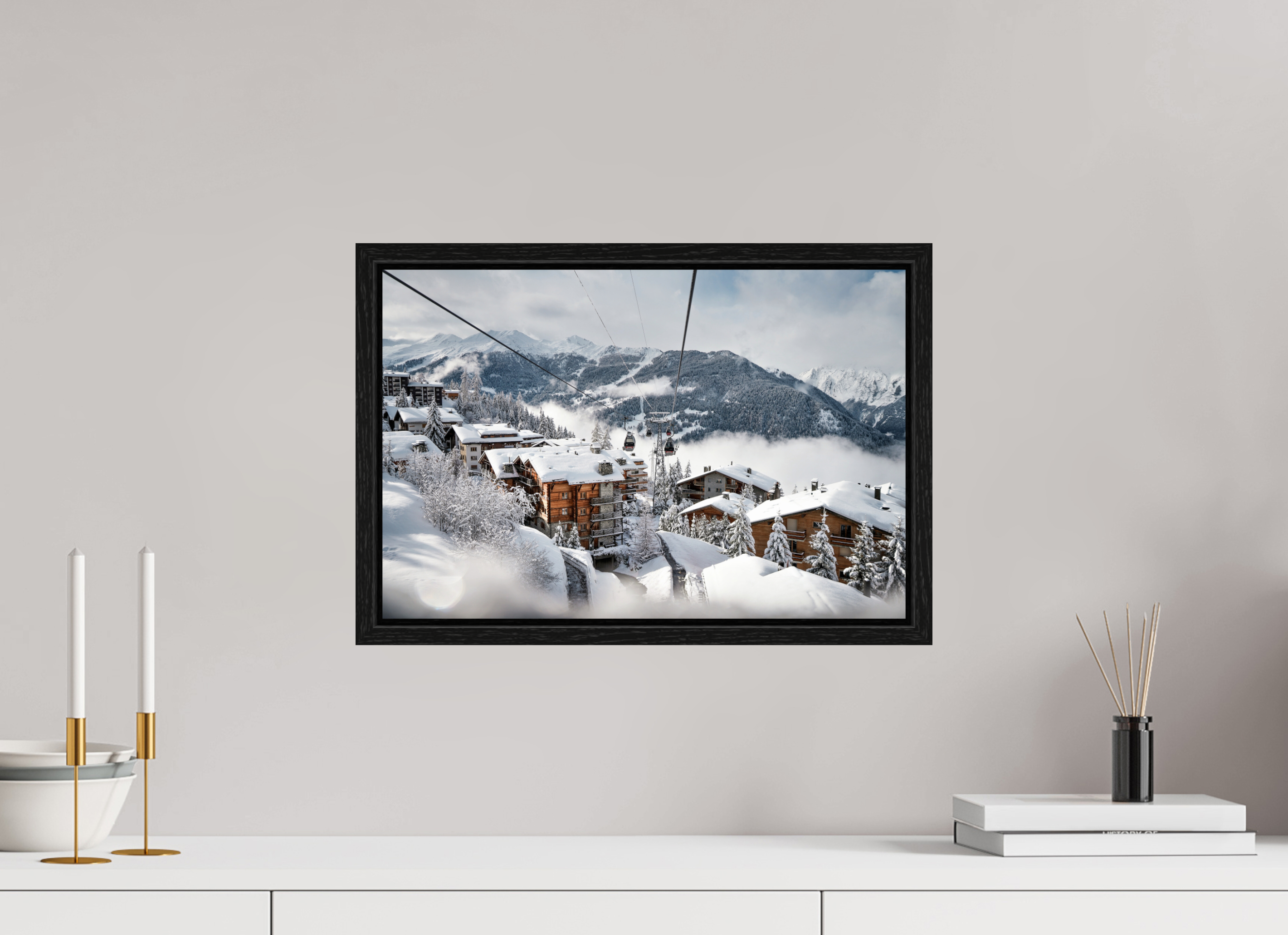 45 x 30 cm, Floater Frame Above the Village – Fine Art Landscape Photography Print from Verbier