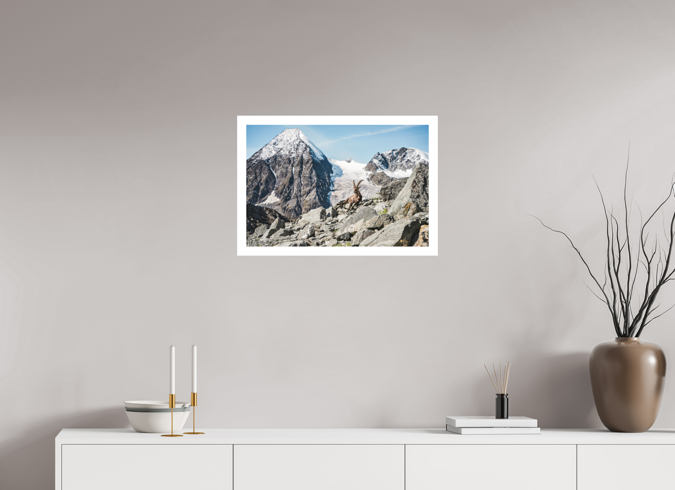 60 x 40 cm, Epson Fine Art Cotton Smooth Natural Paper Alpine Ibex in Verbier with Grand Combin Glacier – Fine Art Wildlife Photography Print