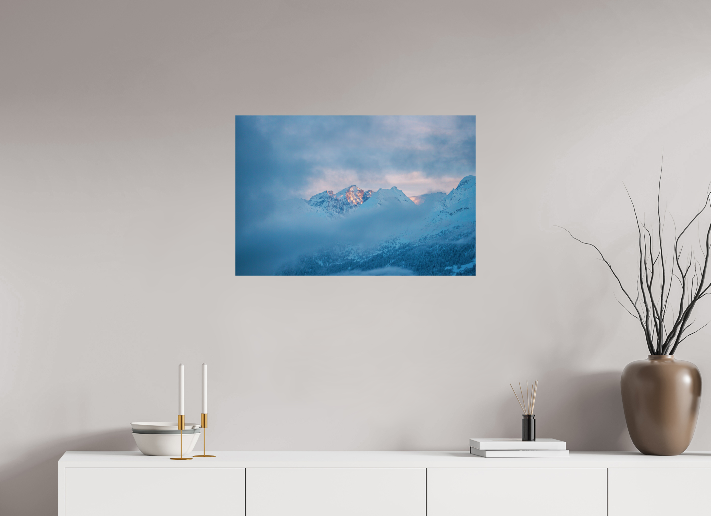 75 x 50 cm, Photo Print On Fuji Crystal DP II Purple Blue Sunset Over Misty Mountains – Fine Art Landscape Photography Print from Verbier