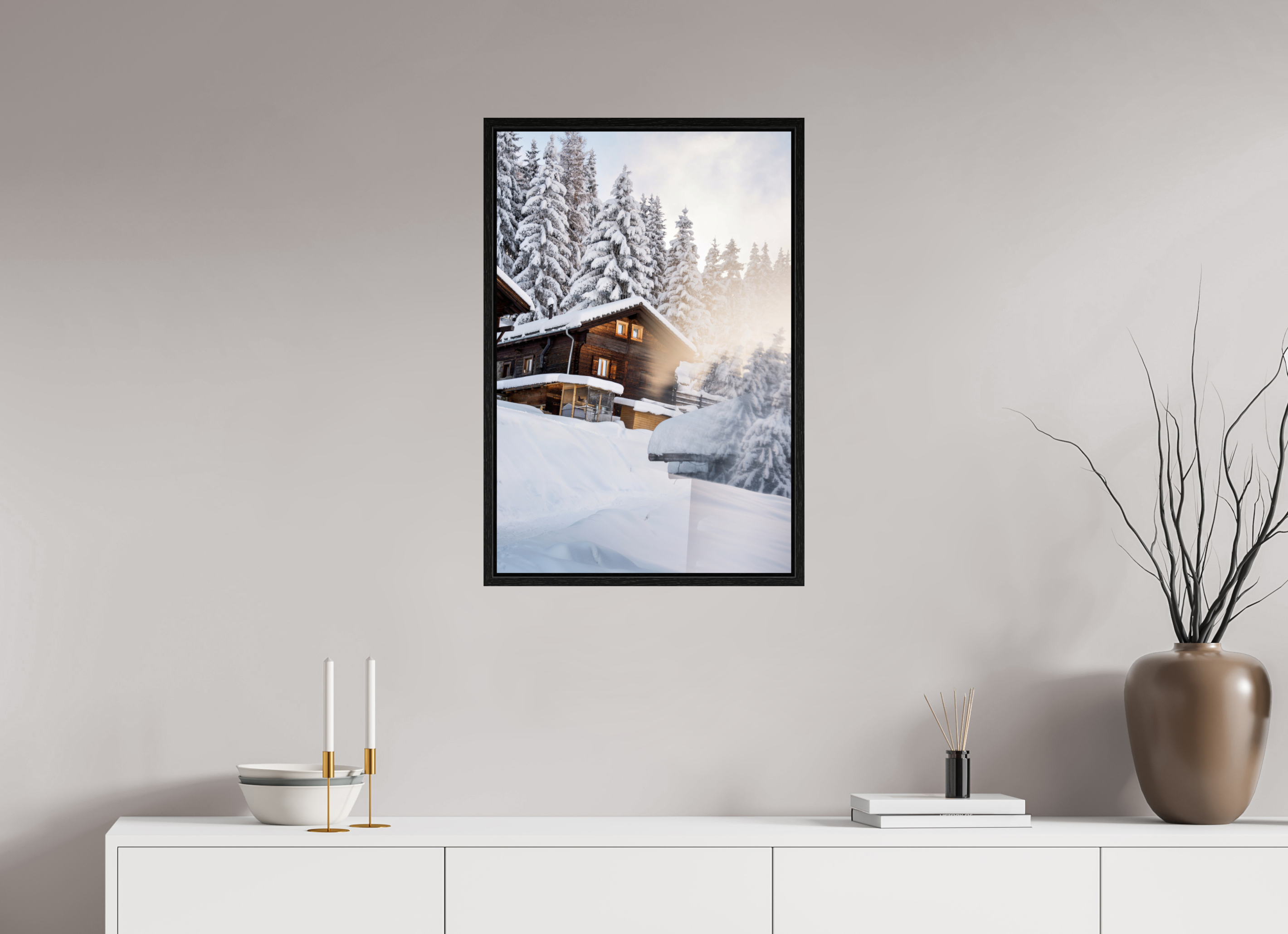 50 x 75 cm, Floater Frame Chez Dany in Winter – Verbier, Switzerland