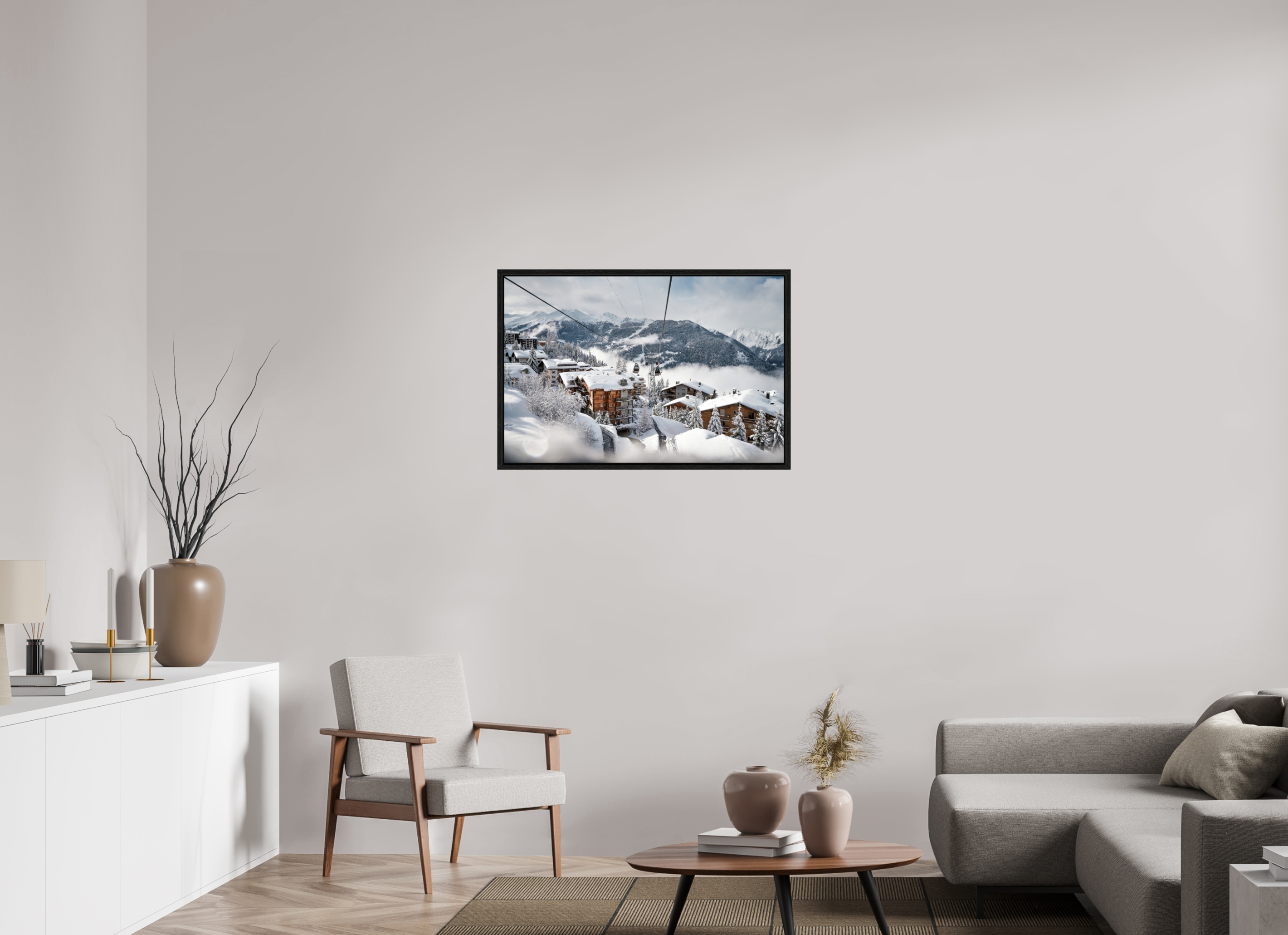 90 x 60 cm, Floater Frame Above the Village – Fine Art Landscape Photography Print from Verbier