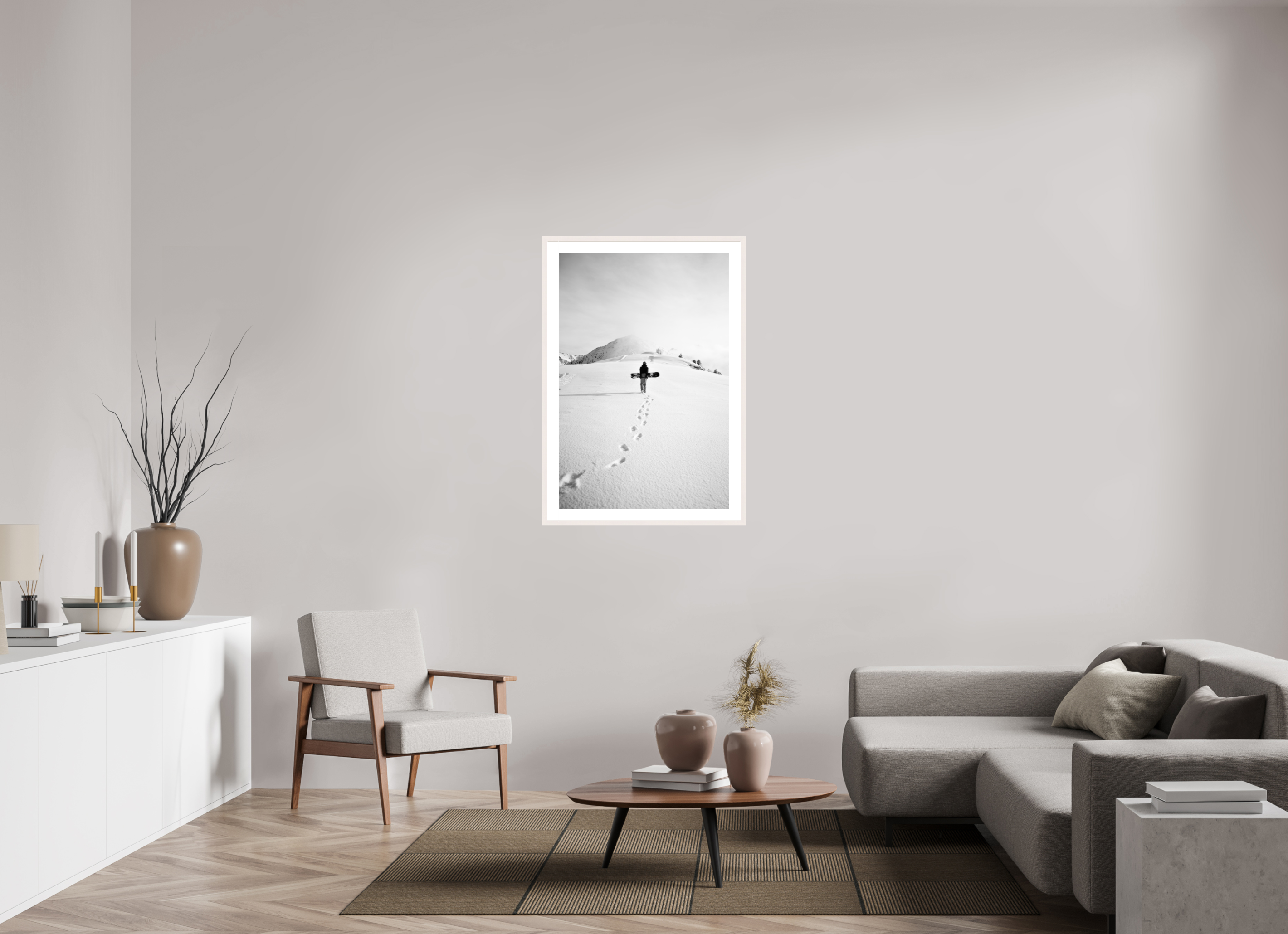 70 x 105 cm, Frame Hambourg 20mm Snowboarder Walking on Snow