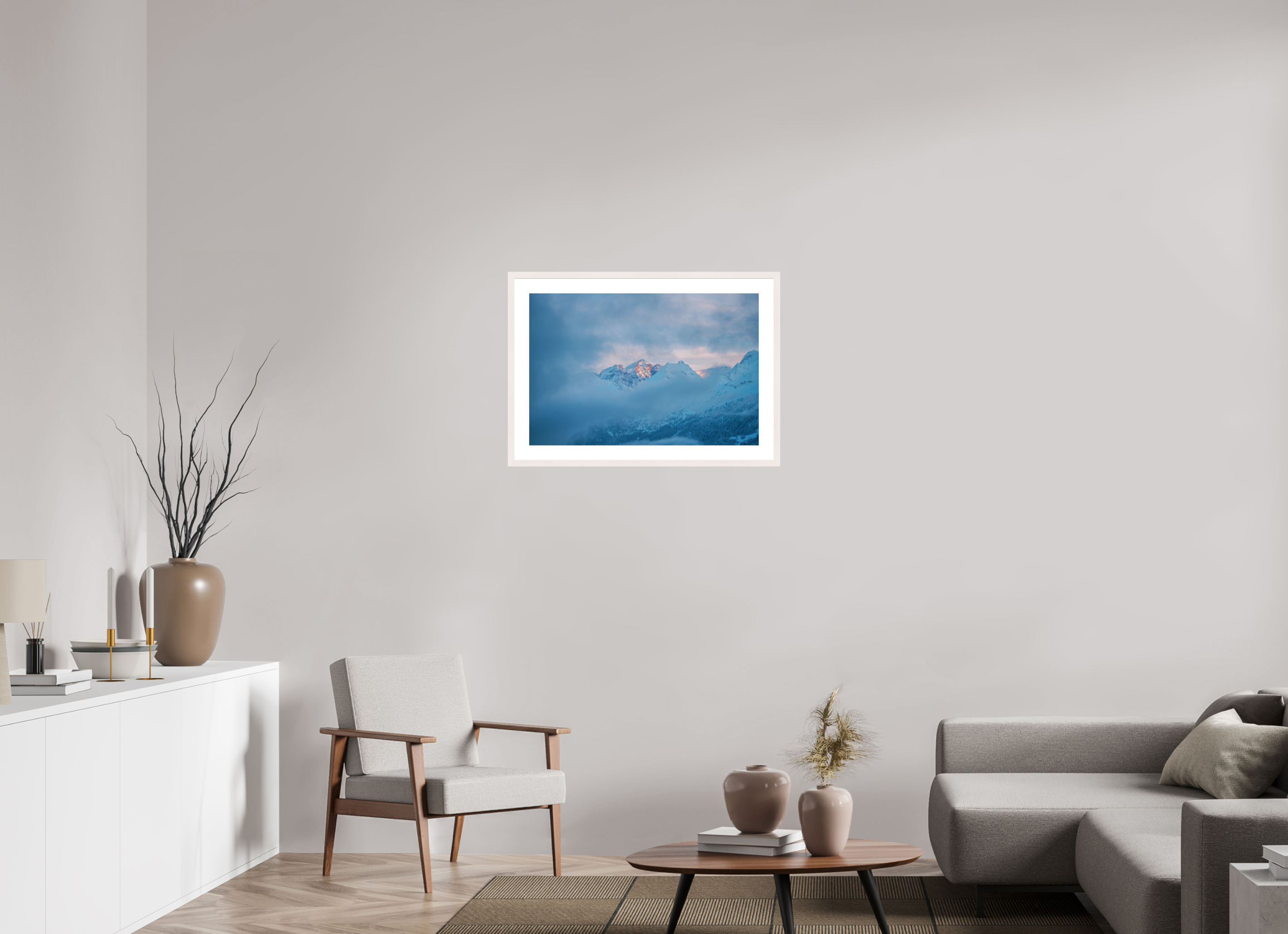 75 x 50 cm, Frame Hambourg 20mm Purple Blue Sunset Over Misty Mountains – Fine Art Landscape Photography Print from Verbier