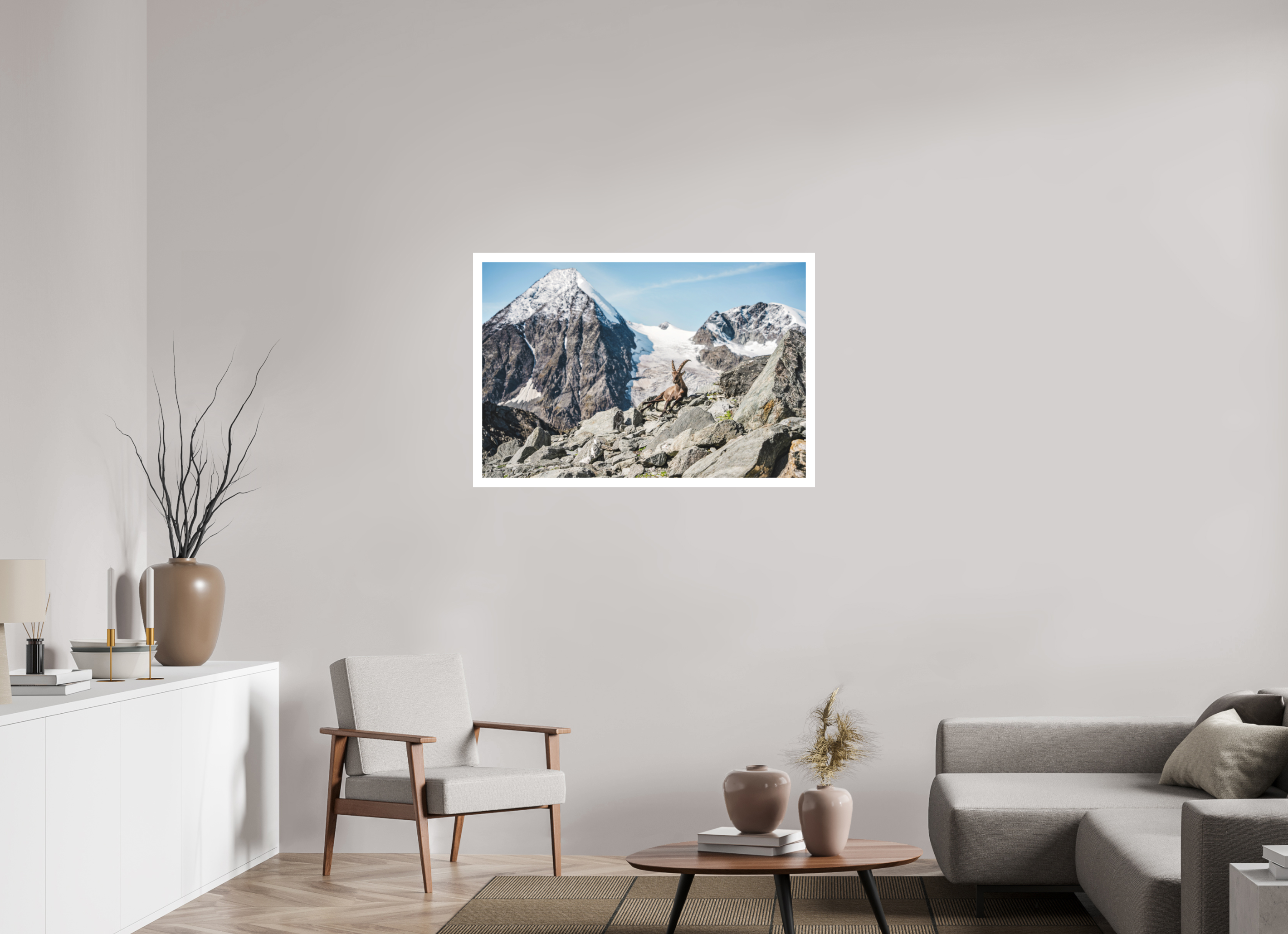 105 x 70 cm, Epson Fine Art Cotton Smooth Natural Paper Alpine Ibex in Verbier with Grand Combin Glacier – Fine Art Wildlife Photography Print
