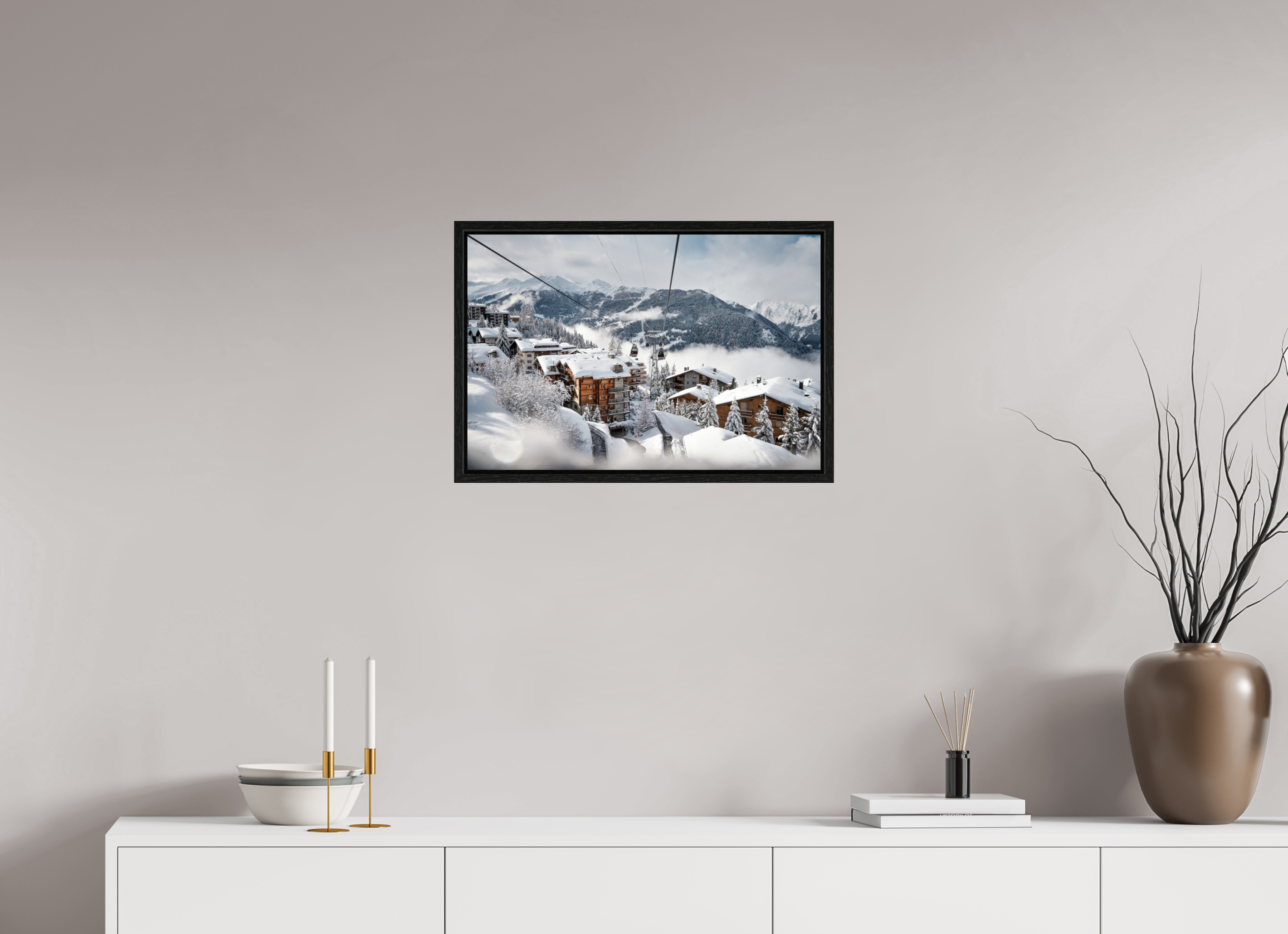60 x 40 cm, Floater Frame Above the Village – Fine Art Landscape Photography Print from Verbier