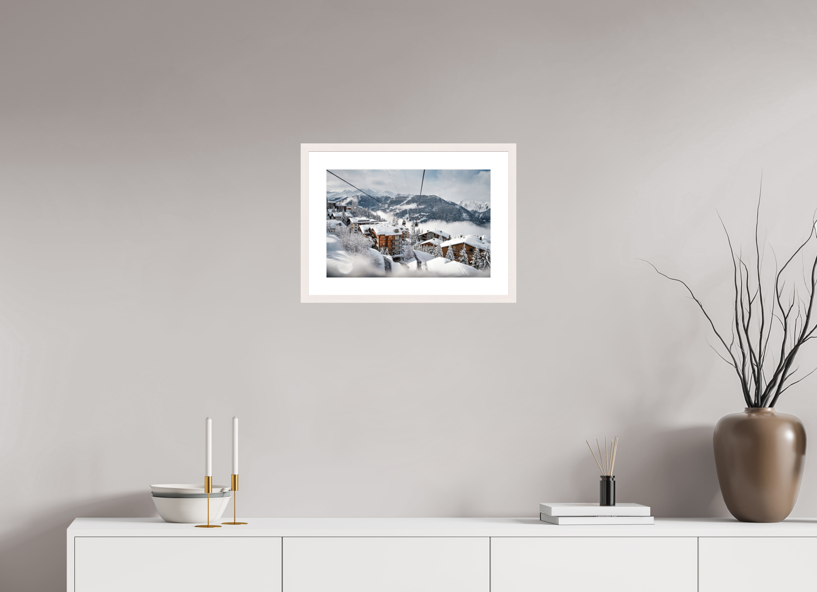 45 x 30 cm, Frame Hambourg 20mm Above the Village – Fine Art Landscape Photography Print from Verbier