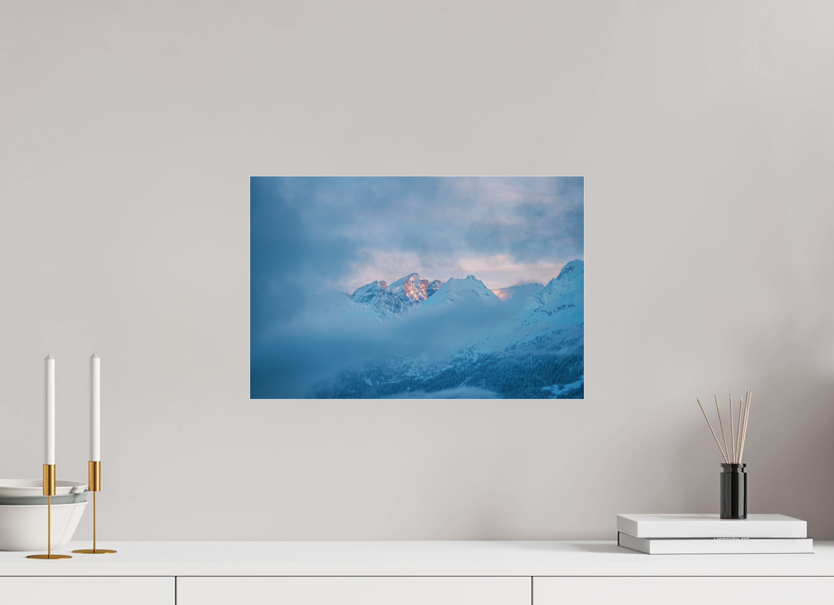 45 x 30 cm, Photos Plexi Purple Blue Sunset Over Misty Mountains – Fine Art Landscape Photography Print from Verbier
