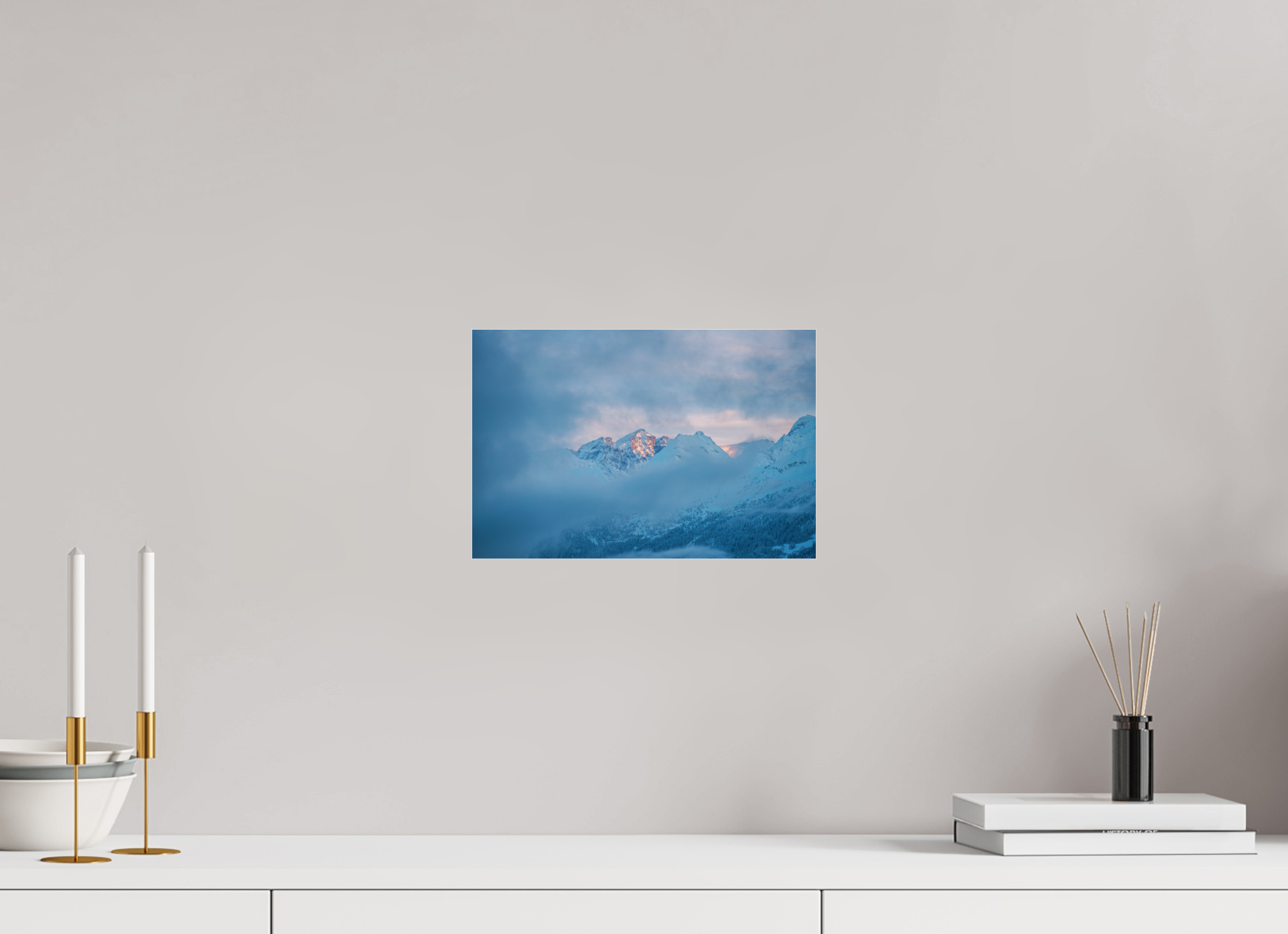 30 x 20 cm, Photos Plexi Purple Blue Sunset Over Misty Mountains – Fine Art Landscape Photography Print from Verbier