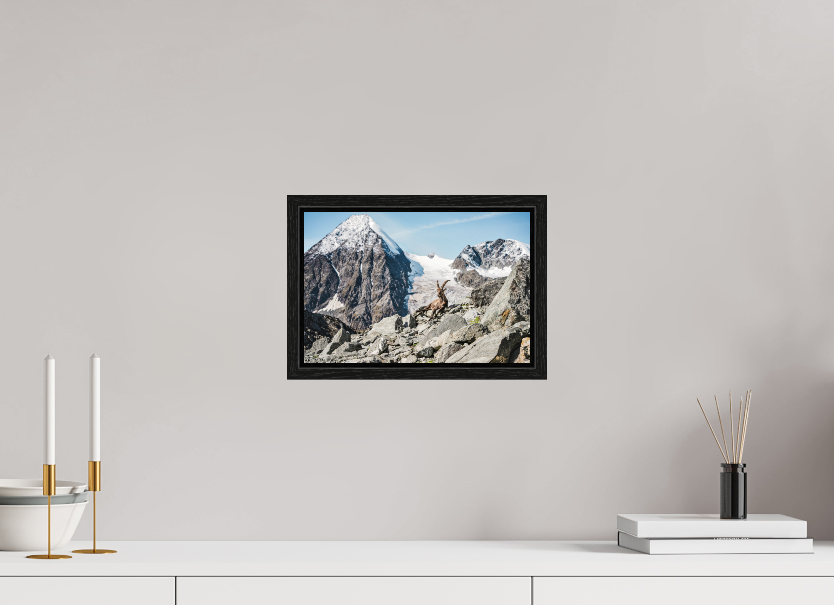 30 x 20 cm, Floater Frame Alpine Ibex in Verbier with Grand Combin Glacier – Fine Art Wildlife Photography Print
