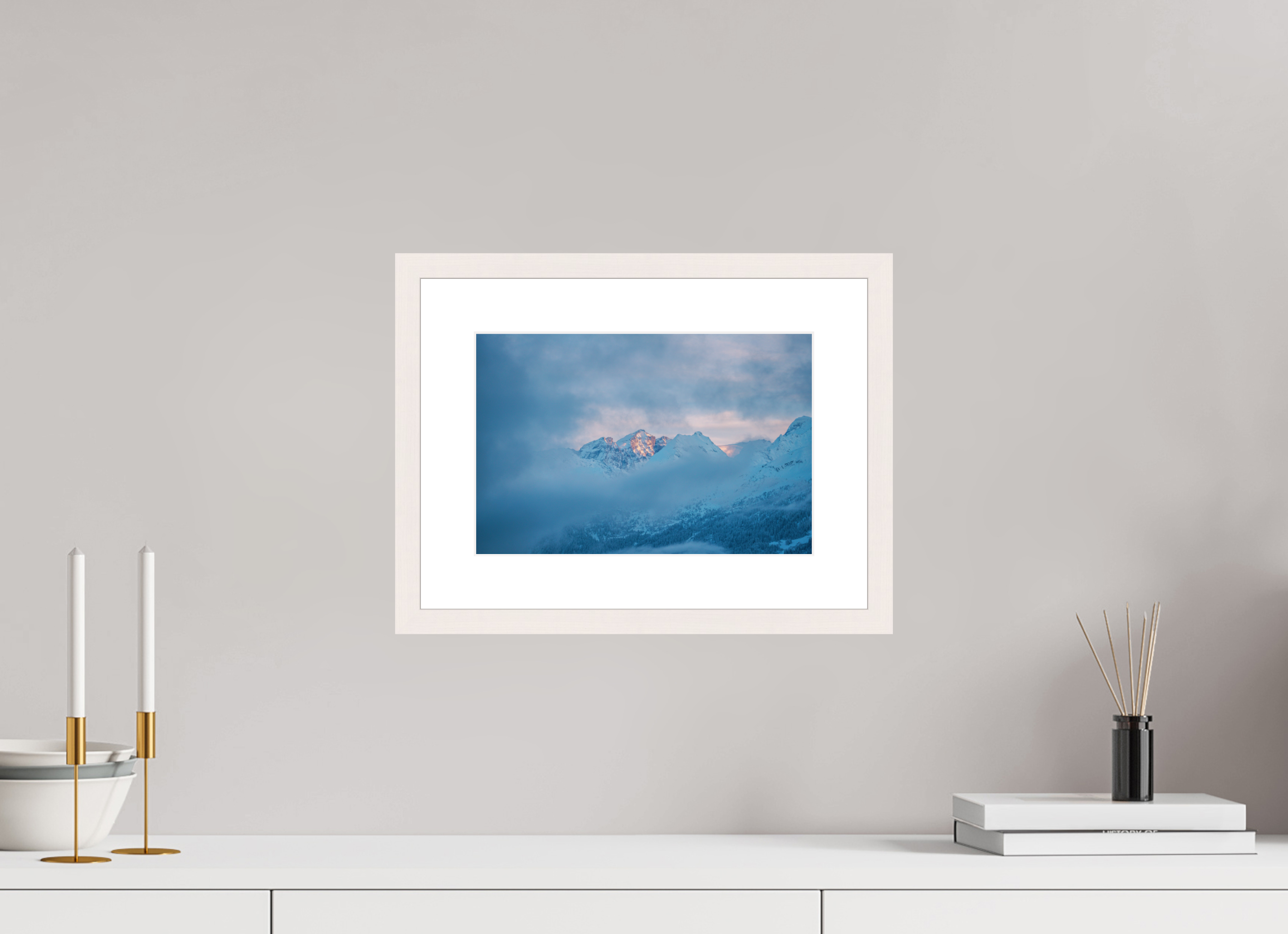 30 x 20 cm, Frame Hambourg 20mm Purple Blue Sunset Over Misty Mountains – Fine Art Landscape Photography Print from Verbier